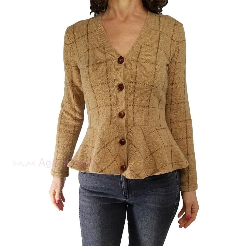 RALPH LAUREN PS Small Brown Windowpane Leather Button Lambswool Cardigan Country